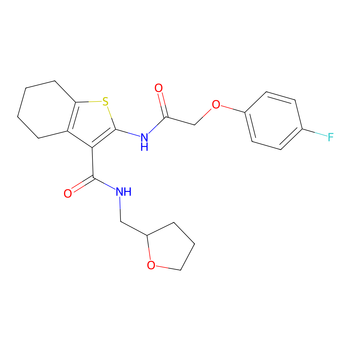 2-(2-(4-fluorophenoxy)acetamido)-N-((tetrahydrofuran-2-yl)methyl)-4,5,6,7-tetrahydrobenzo[b]thiophene-3-carboxamide molecular structure, CAS 381189-41-9