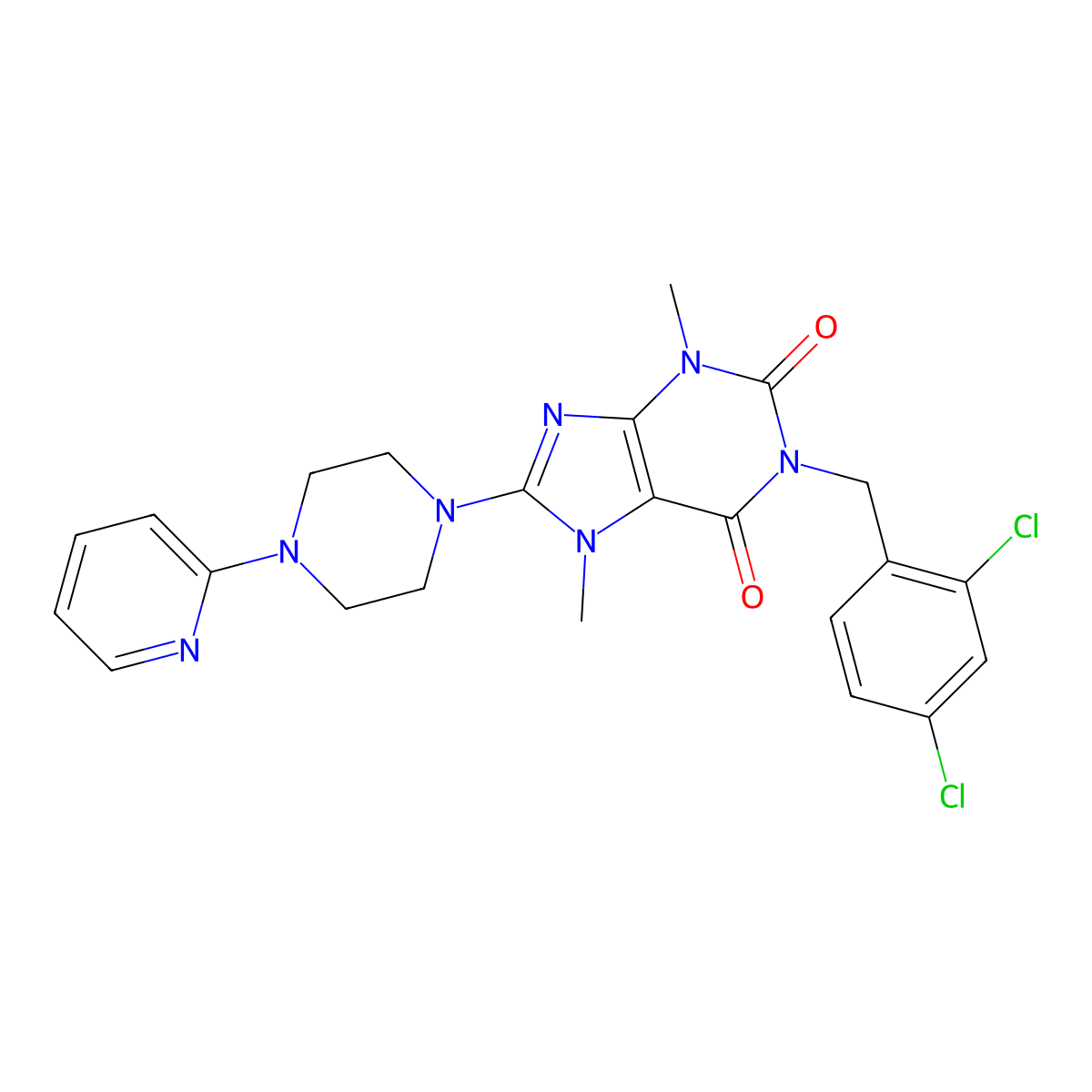 1-[(2,4-Dichlorophenyl)methyl]-3,7-dimethyl-8-(4-pyridin-2-ylpiperazin-1-yl)purine-2,6-dione molecular structure, CAS 381191-78-2
