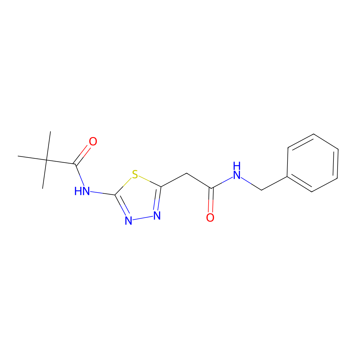 N-[5-[2-(benzylamino)-2-oxoethyl]-1,3,4-thiadiazol-2-yl]-2,2-dimethylpropanamide molecular structure, CAS 381192-50-3