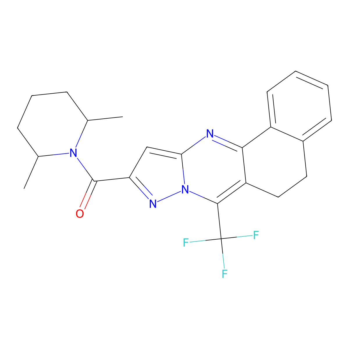 (2,6-Dimethylpiperidin-1-yl)(7-(trifluoromethyl)-5,6-dihydrobenzo[h]pyrazolo[5,1-b]quinazolin-10-yl)methanone molecular structure, CAS 381192-87-6