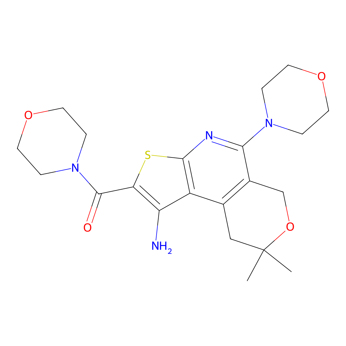 (1-amino-8,8-dimethyl-5-morpholino-8,9-dihydro-6H-pyrano[4,3-d]thieno[2,3-b]pyridin-2-yl)(morpholino)methanone molecular structure, CAS 381194-22-5