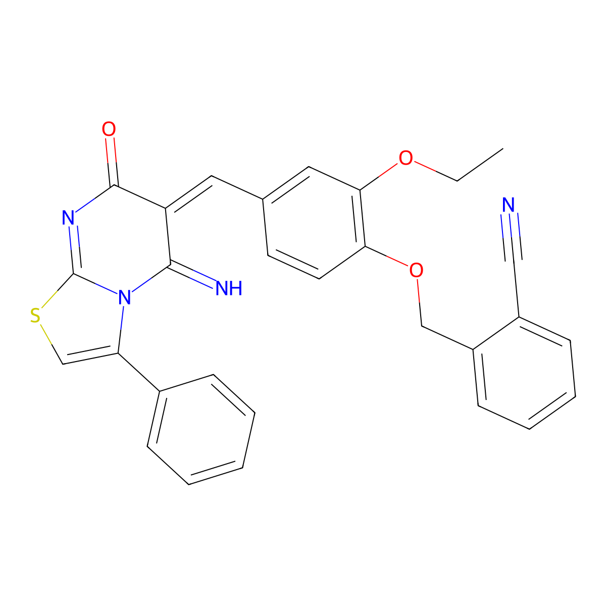 2-[[2-Ethoxy-4-[(5-imino-7-oxo-3-phenyl-5H-thiazolo[3,2-a]pyrimidin-6(7H)-ylidene)methyl]phenoxy]methyl]benzonitrile molecular structure, CAS 381196-31-2