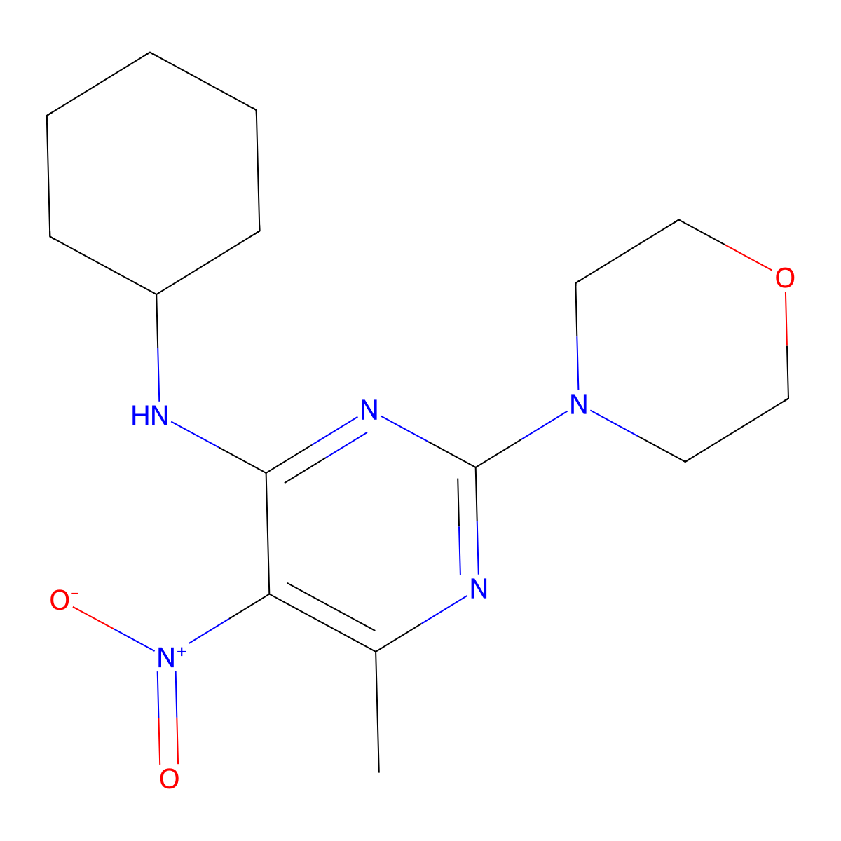N-cyclohexyl-6-methyl-2-(morpholin-4-yl)-5-nitropyrimidin-4-amine molecular structure, CAS 381196-51-6
