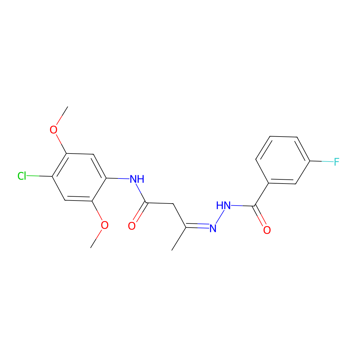 3-Fluorobenzoic acid 2-[3-[(4-chloro-2,5-dimethoxyphenyl)amino]-1-methyl-3-oxopropylidene]hydrazide molecular structure, CAS 381196-82-3