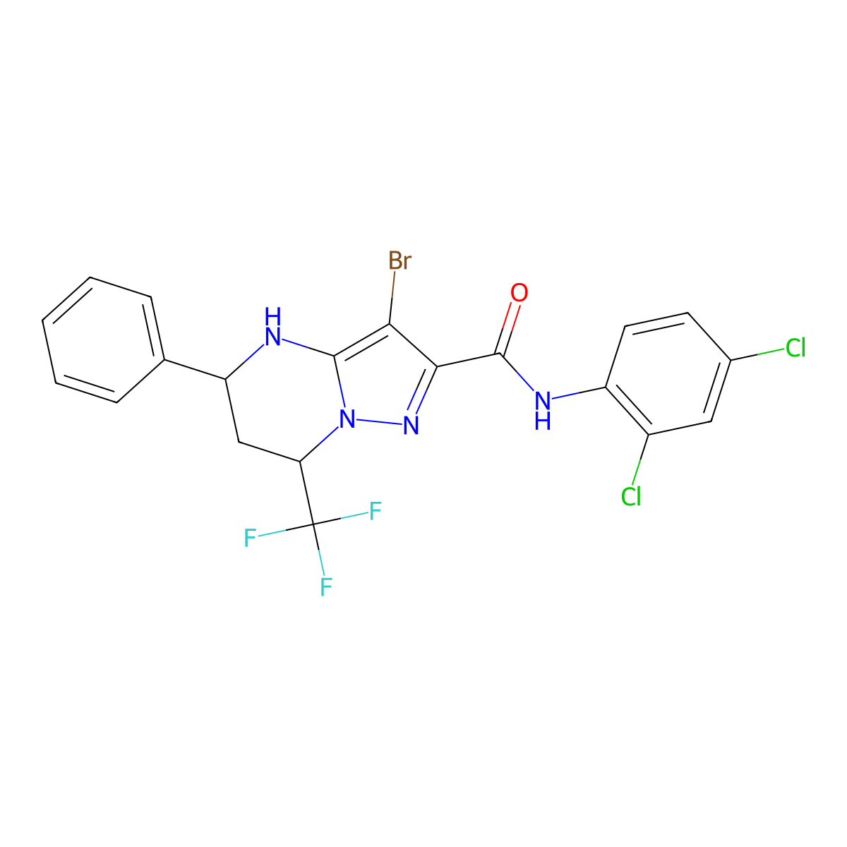 3-bromo-N-(2,4-dichlorophenyl)-5-phenyl-7-(trifluoromethyl)-4,5,6,7-tetrahydropyrazolo[1,5-a]pyrimidine-2-carboxamide molecular structure, CAS 381197-76-8