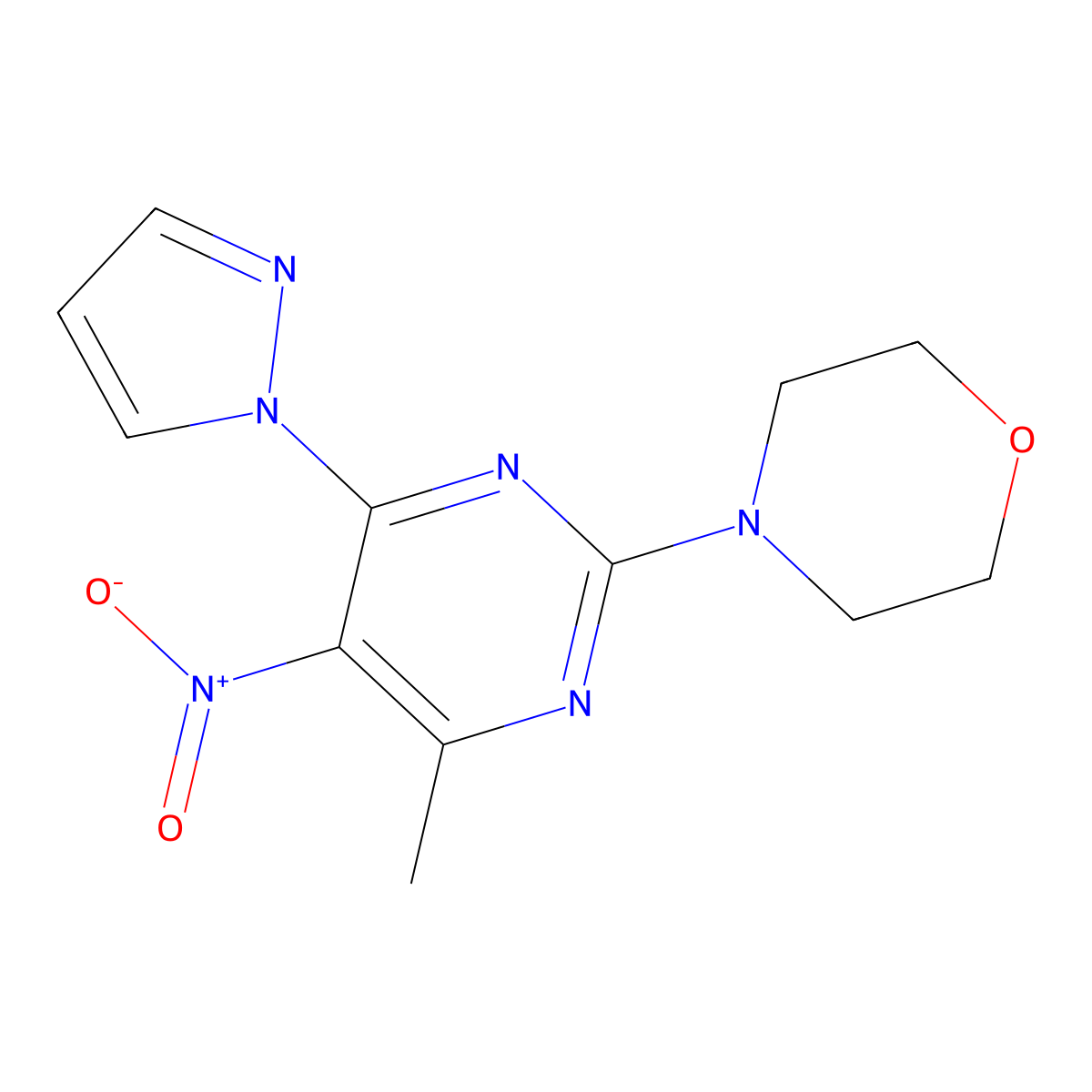 4-(4-Methyl-5-nitro-6-pyrazol-1-ylpyrimidin-2-yl)morpholine molecular structure, CAS 381197-82-6