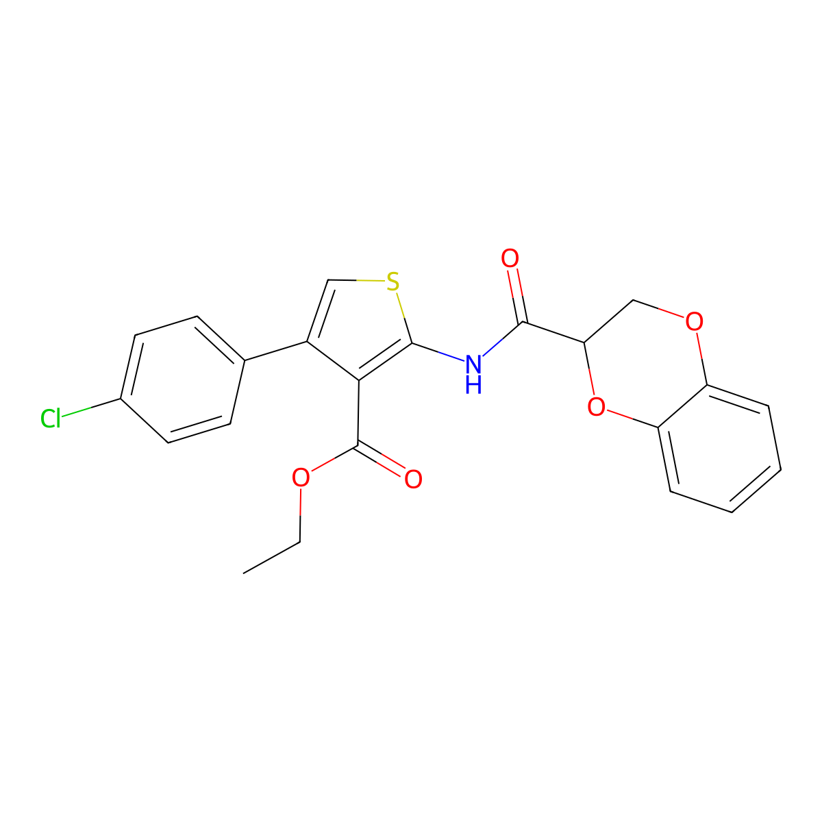 Ethyl 4-(4-chlorophenyl)-2-(2,3-dihydrobenzo[b][1,4]dioxine-2-carboxamido)thiophene-3-carboxylate molecular structure, CAS 381198-55-6