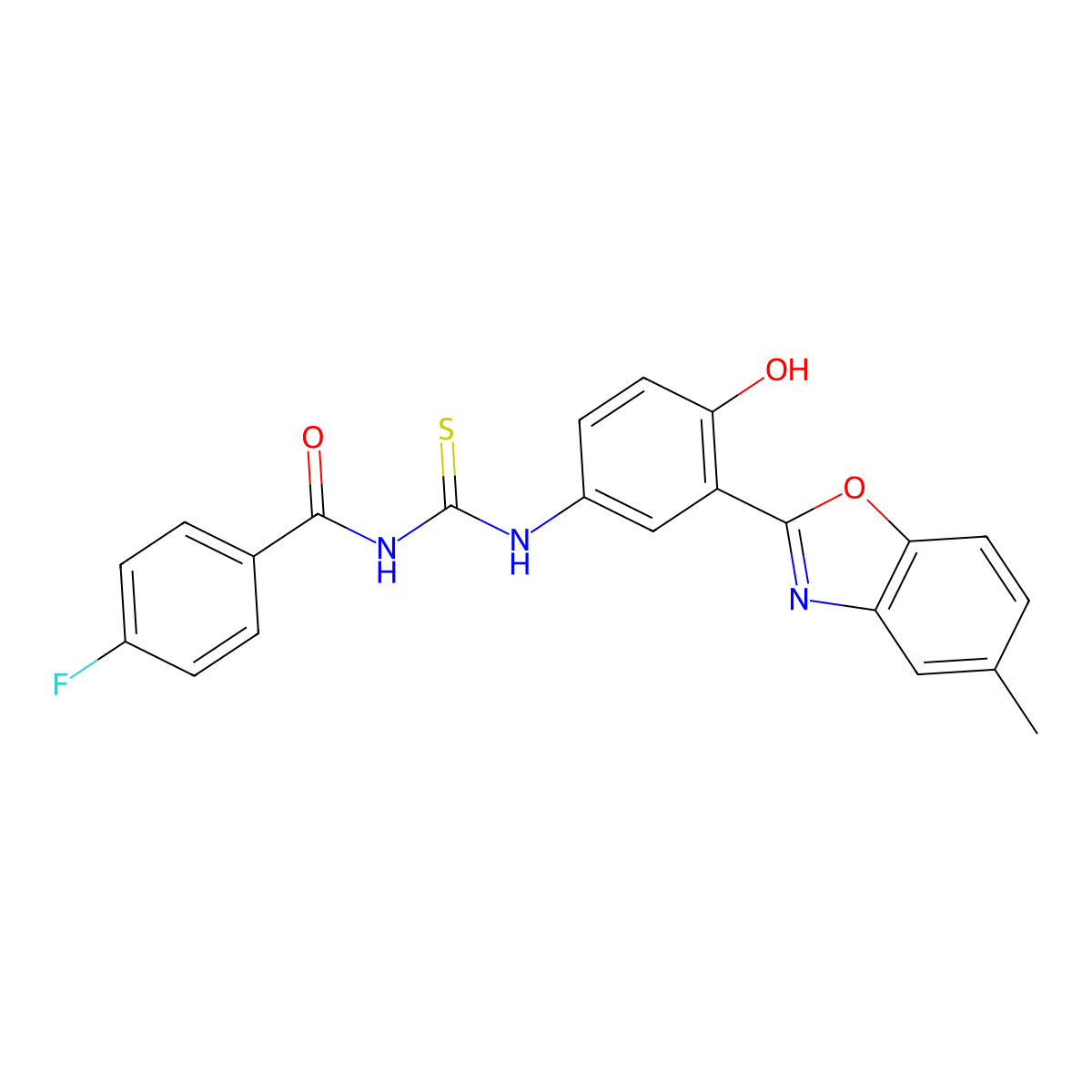 4-fluoro-N-((4-hydroxy-3-(5-methylbenzo[d]oxazol-2-yl)phenyl)carbamothioyl)benzamide molecular structure, CAS 381199-63-9
