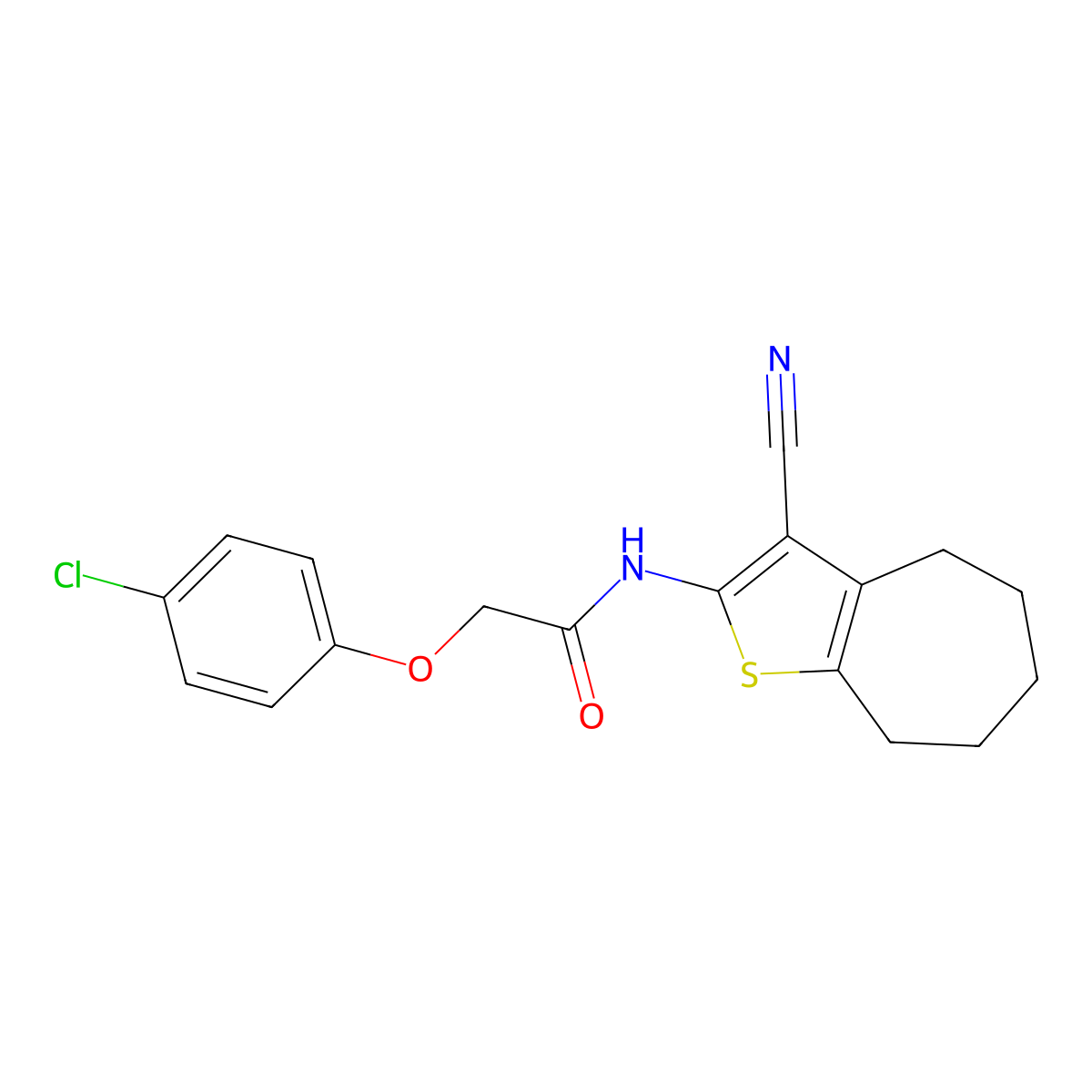 2-(4-chlorophenoxy)-N-(3-cyano-5,6,7,8-tetrahydro-4H-cyclohepta[b]thiophen-2-yl)acetamide molecular structure, CAS 381200-09-5