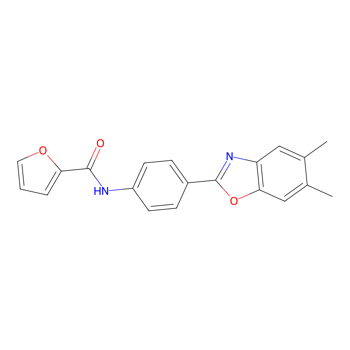 N-[4-(5,6-dimethyl-1,3-benzoxazol-2-yl)phenyl]furan-2-carboxamide molecular structure, CAS 381200-11-9
