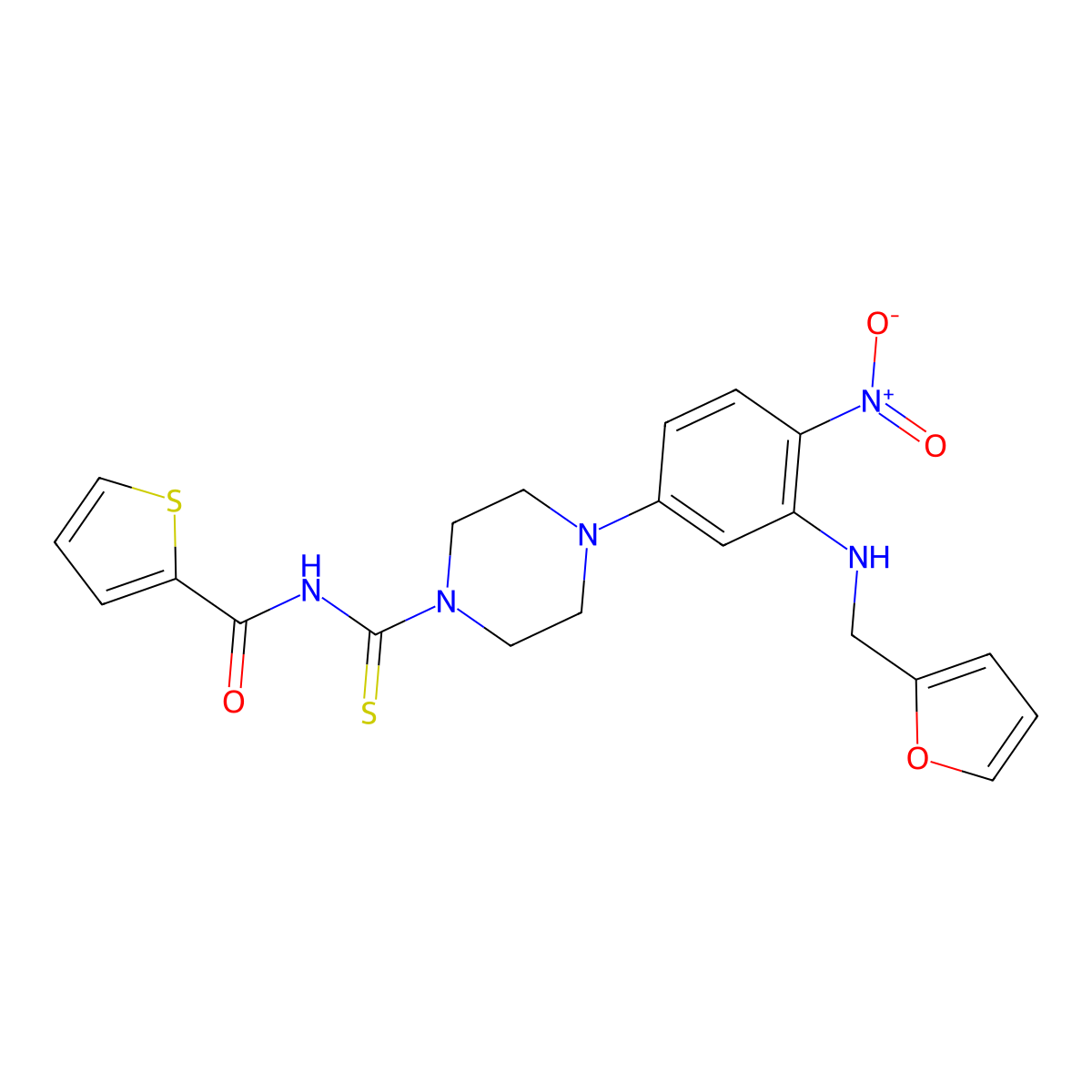 N-[4-[3-(furan-2-ylmethylamino)-4-nitrophenyl]piperazine-1-carbothioyl]thiophene-2-carboxamide molecular structure, CAS 381200-23-3