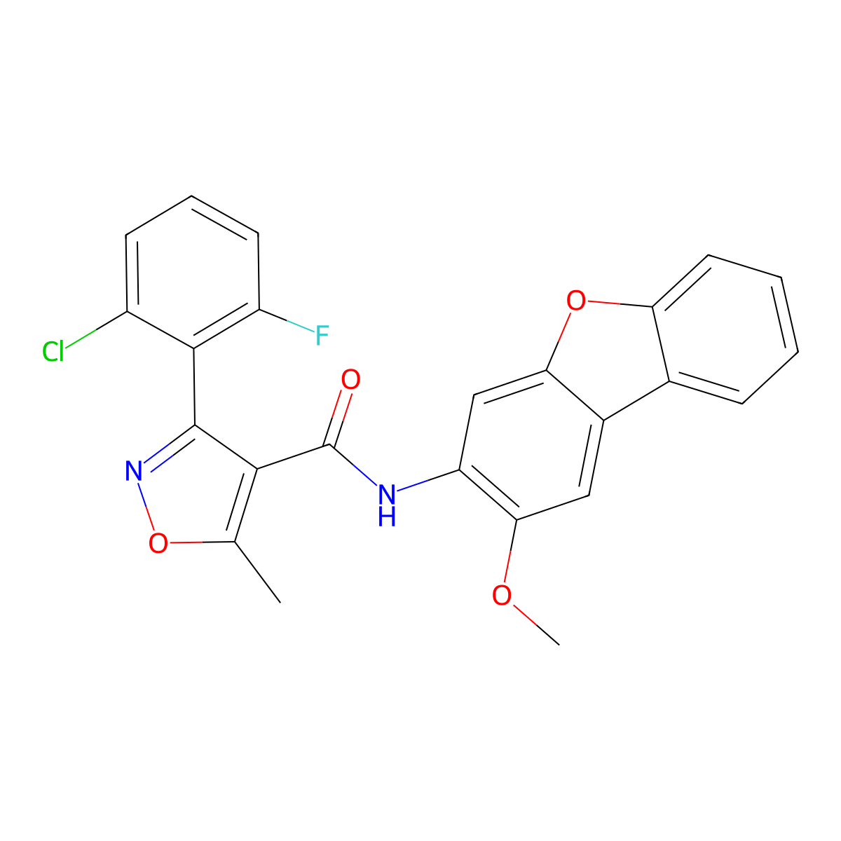 3-(2-chloro-6-fluorophenyl)-N-(2-methoxydibenzofuran-3-yl)-5-methyl-1,2-oxazole-4-carboxamide molecular structure, CAS 381202-76-2
