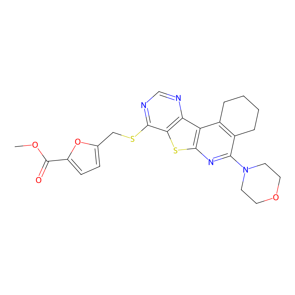 Methyl 5-(((5-morpholino-1,2,3,4-tetrahydropyrimido[4',5':4,5]thieno[2,3-c]isoquinolin-8-yl)thio)methyl)furan-2-carboxylate molecular structure, CAS 381203-79-8