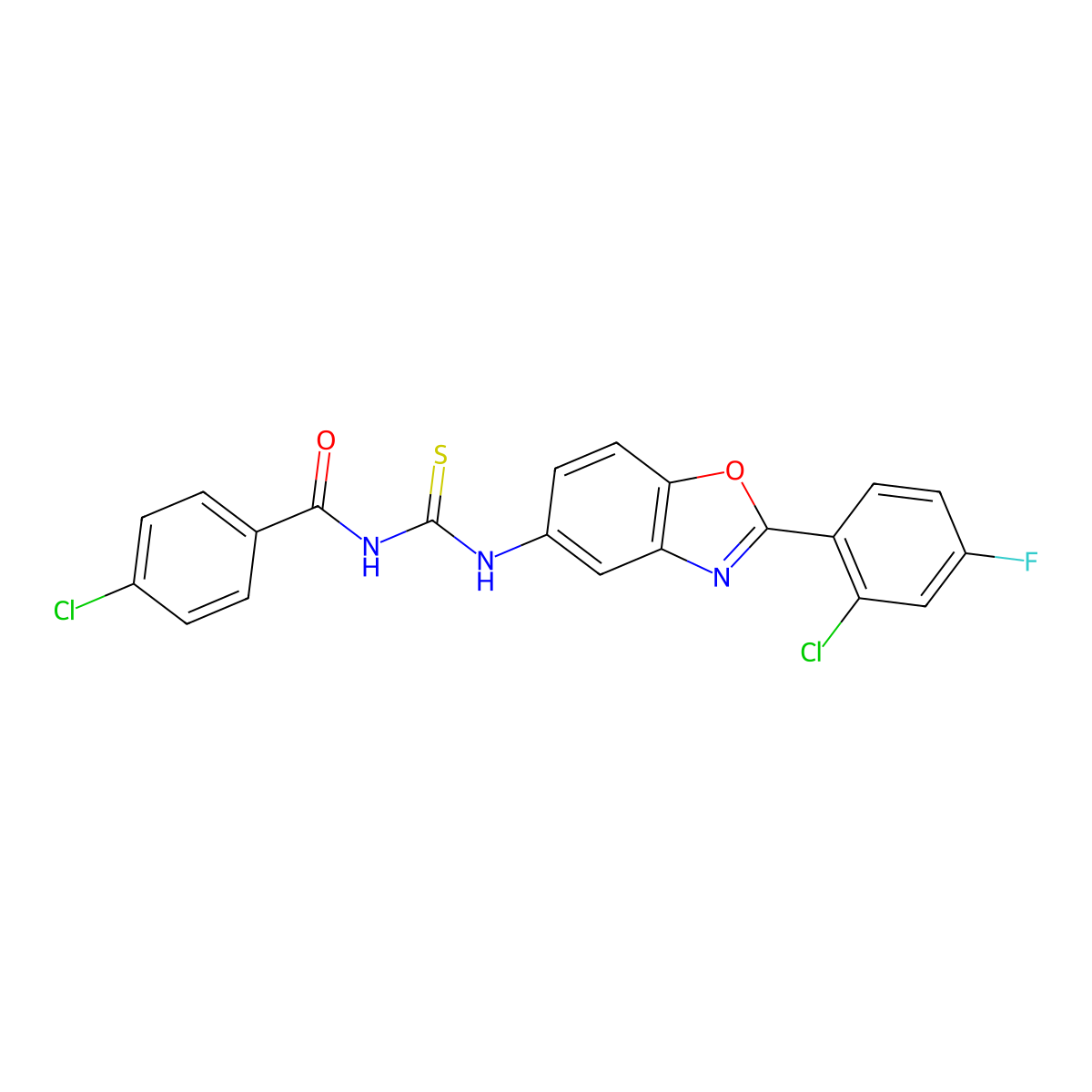 4-chloro-N-[[2-(2-chloro-4-fluorophenyl)-1,3-benzoxazol-5-yl]carbamothioyl]benzamide molecular structure, CAS 381204-64-4