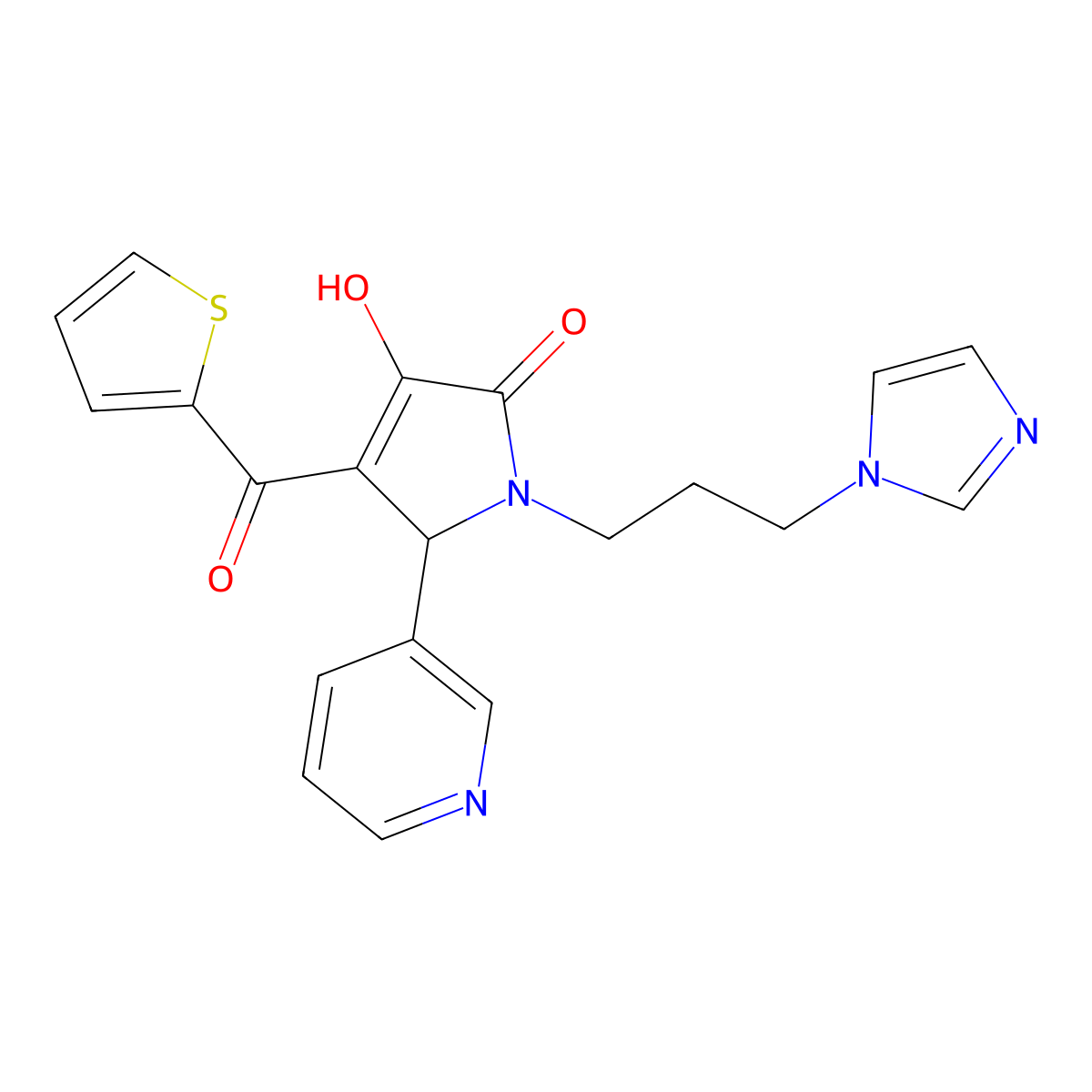 3-hydroxy-1-[3-(1H-imidazol-1-yl)propyl]-5-(pyridin-3-yl)-4-(thiophen-2-ylcarbonyl)-1,5-dihydro-2H-pyrrol-2-one molecular structure, CAS 381204-66-6