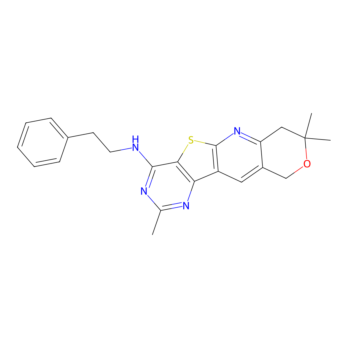 2,8,8-trimethyl-N-phenethyl-8,10-dihydro-7H-pyrano[3'',4'':5',6']pyrido[3',2':4,5]thieno[3,2-d]pyrimidin-4-amine molecular structure, CAS 381204-93-9