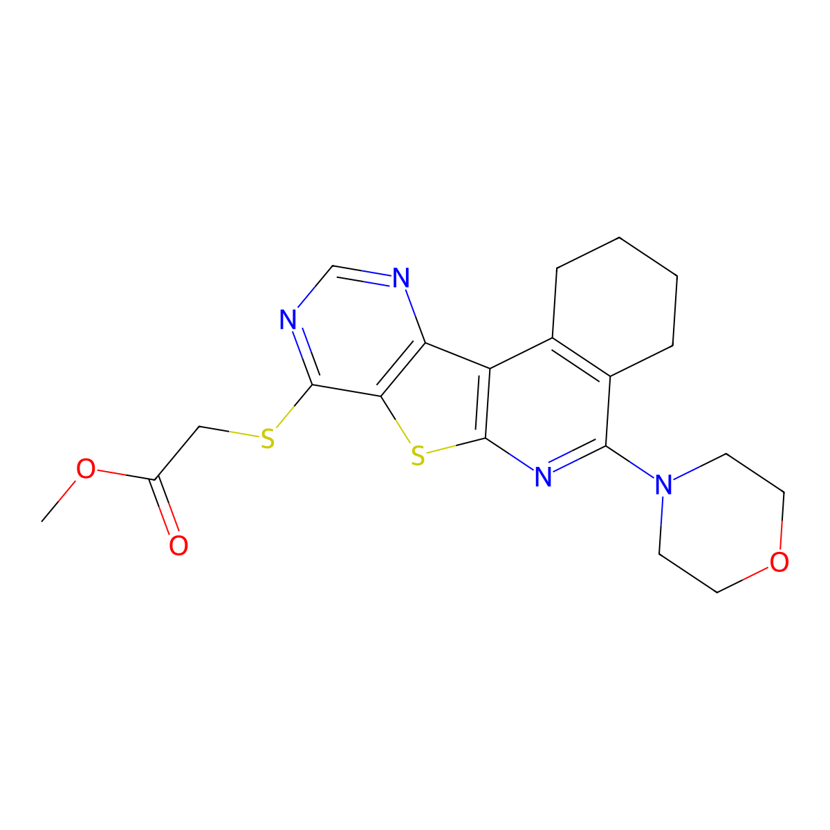 Methyl {[5-(4-morpholinyl)-1,2,3,4-tetrahydropyrimido[4',5':4,5]thieno[2,3-c]isoquinolin-8-yl]thio}acetate molecular structure, CAS 381205-33-0