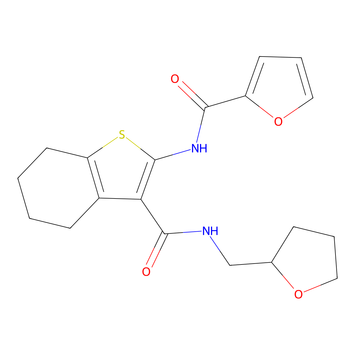 N-{3-[(tetrahydrofuran-2-ylmethyl)carbamoyl]-4,5,6,7-tetrahydro-1-benzothiophen-2-yl}furan-2-carboxamide molecular structure, CAS 381206-58-2