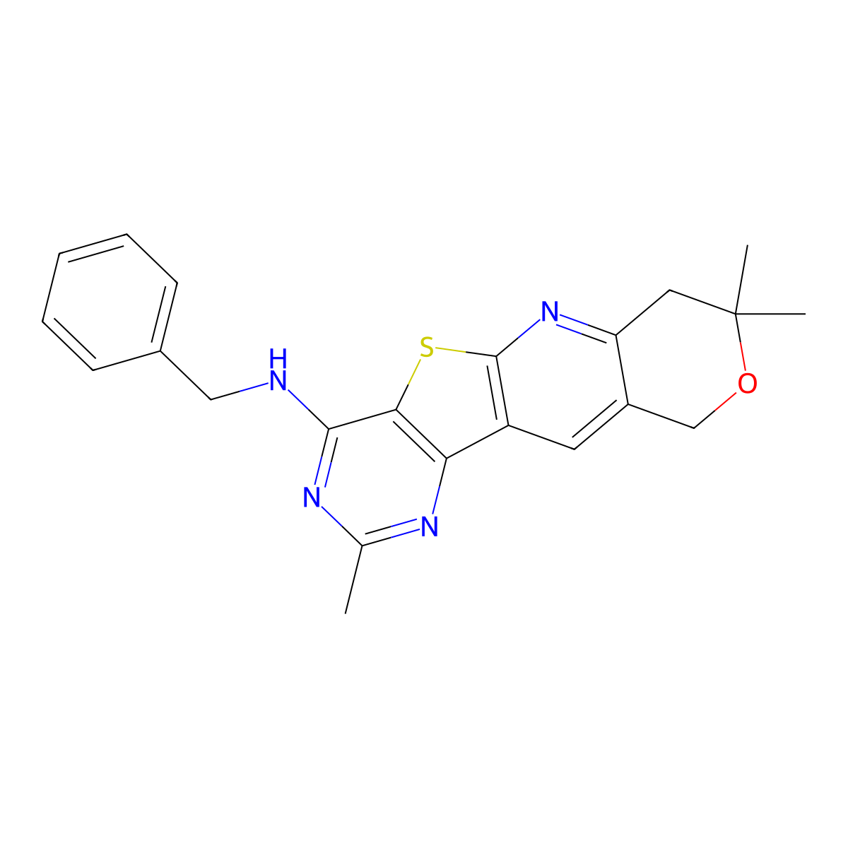 N-benzyl-2,8,8-trimethyl-8,10-dihydro-7H-pyrano[3'',4'':5',6']pyrido[3',2':4,5]thieno[3,2-d]pyrimidin-4-amine molecular structure, CAS 381206-94-6
