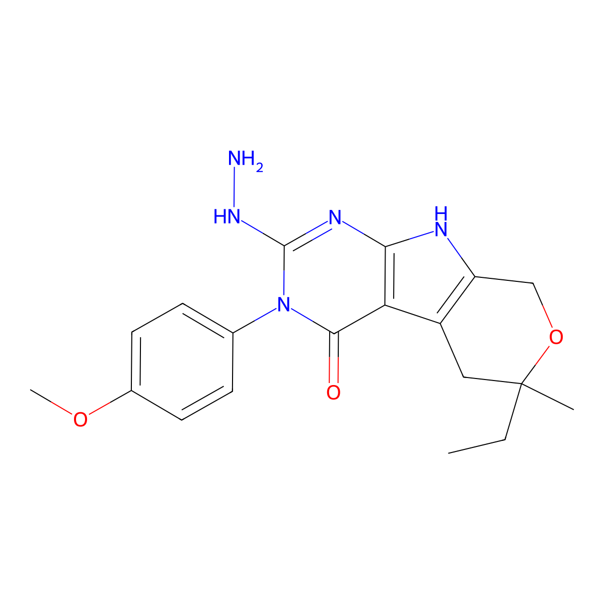 6-ethyl-2-hydrazinyl-3-(4-methoxyphenyl)-6-methyl-5,6,8,9-tetrahydropyrano[4',3':4,5]pyrrolo[2,3-d]pyrimidin-4(3H)-one molecular structure, CAS 381208-41-9