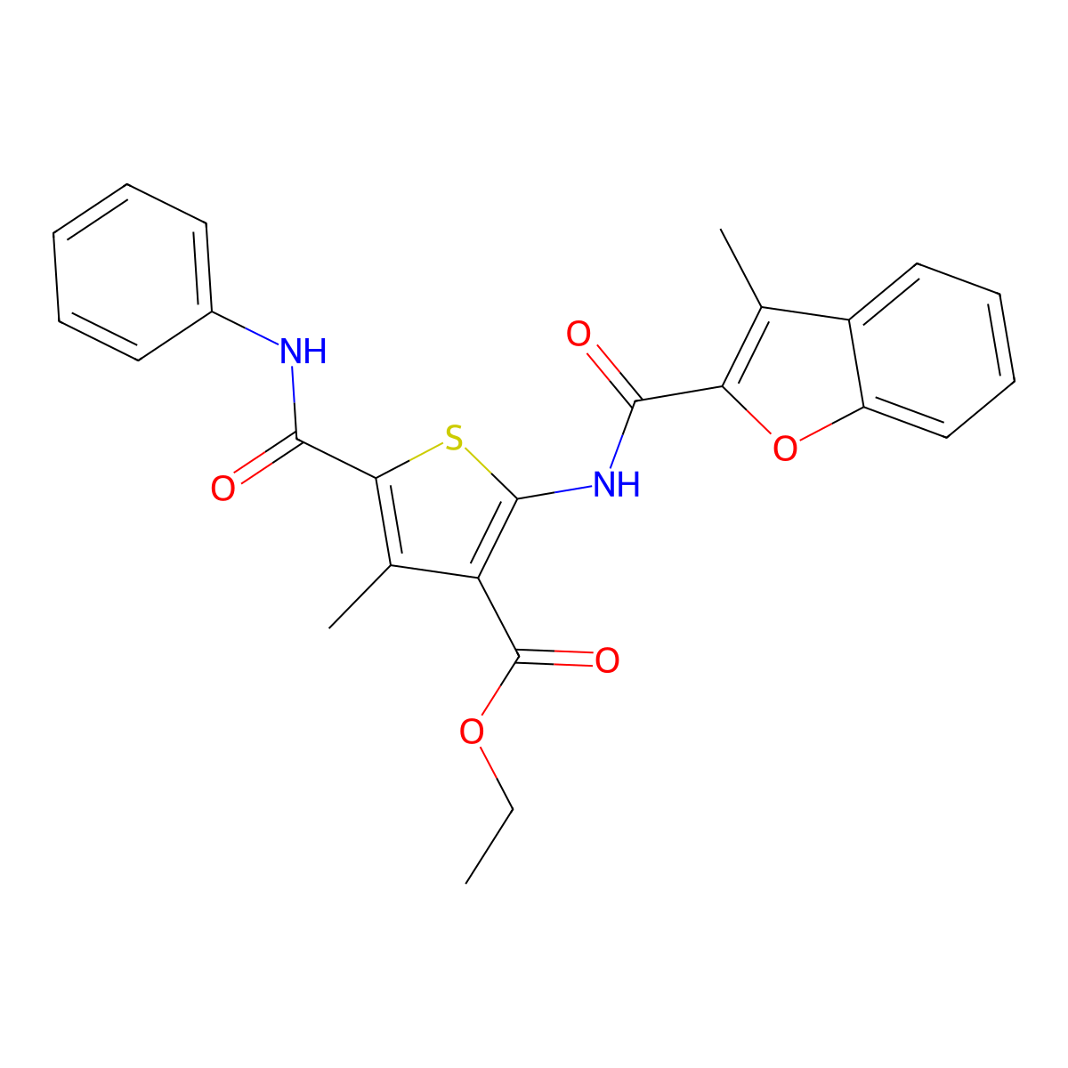 Ethyl 4-methyl-2-[(3-methyl-1-benzofuran-2-carbonyl)amino]-5-(phenylcarbamoyl)thiophene-3-carboxylate molecular structure, CAS 381208-63-5