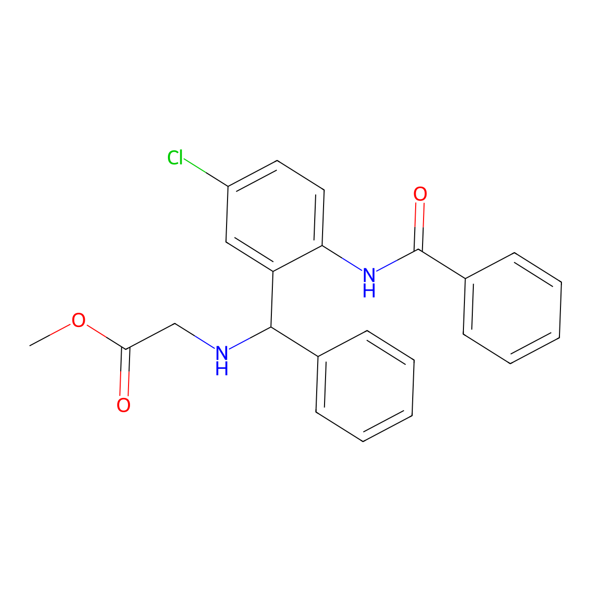 Methyl 2-(((2-benzamido-5-chlorophenyl)(phenyl)methyl)amino)acetate molecular structure, CAS 381209-28-5