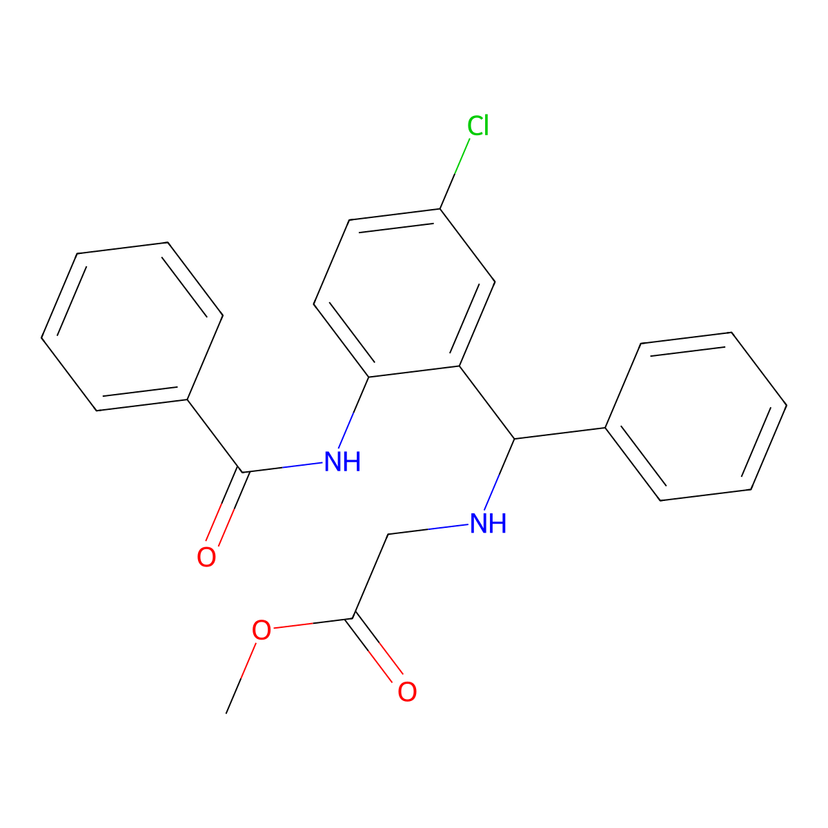 Methyl 2-(((2-benzamido-5-chlorophenyl)(phenyl)methyl)amino)acetate molecular structure, CAS 381209-28-5