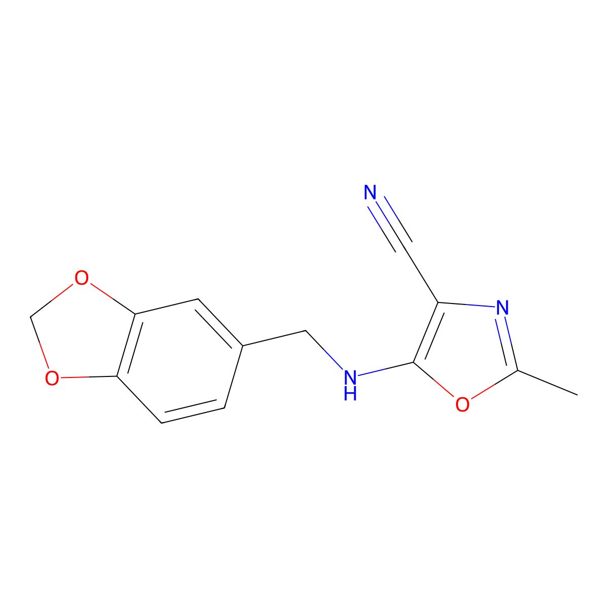 5-(1,3-Benzodioxol-5-ylmethylamino)-2-methyl-1,3-oxazole-4-carbonitrile molecular structure, CAS 381209-34-3