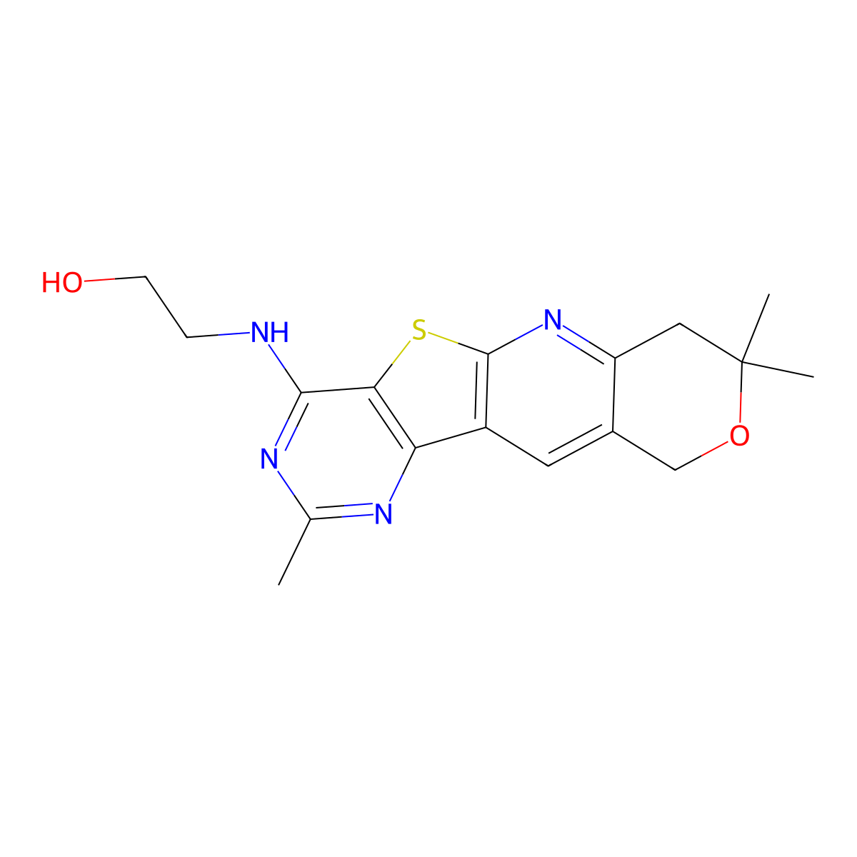 2-((2,8,8-trimethyl-8,10-dihydro-7H-pyrano[3'',4'':5',6']pyrido[3',2':4,5]thieno[3,2-d]pyrimidin-4-yl)amino)ethanol molecular structure, CAS 381209-51-4