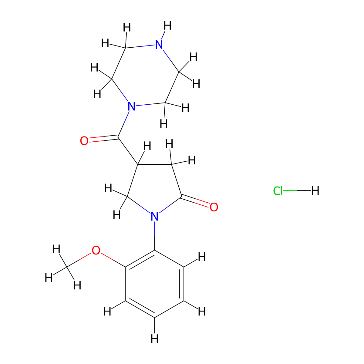 1-(2-Methoxyphenyl)-4-(piperazine-1-carbonyl)pyrrolidin-2-one--hydrogen chloride (1/1) molecular structure, CAS 38160-10-0