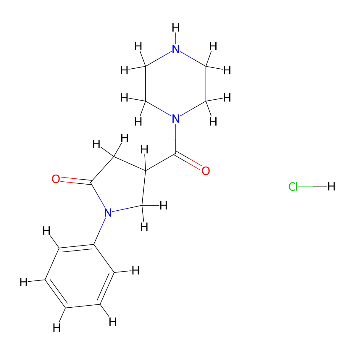 1-Phenyl-4-(piperazine-1-carbonyl)pyrrolidin-2-one--hydrogen chloride (1/1) molecular structure, CAS 38160-15-5