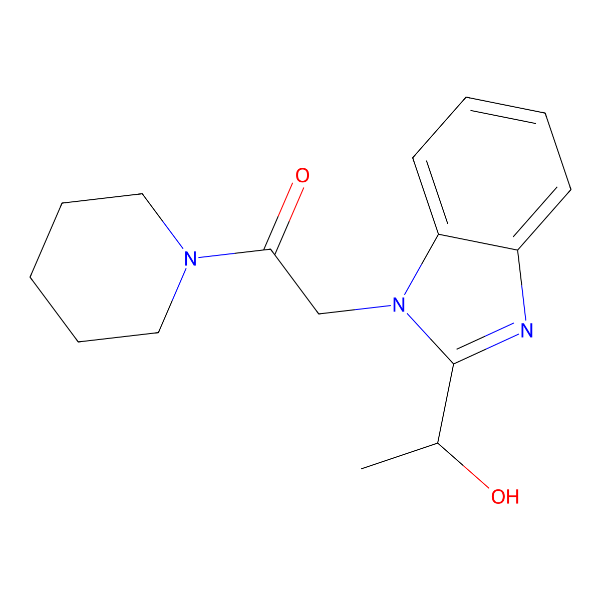 2-(2-(1-Hydroxyethyl)-1H-benzo[d]imidazol-1-yl)-1-(piperidin-1-yl)ethan-1-one molecular structure, CAS 381671-40-5