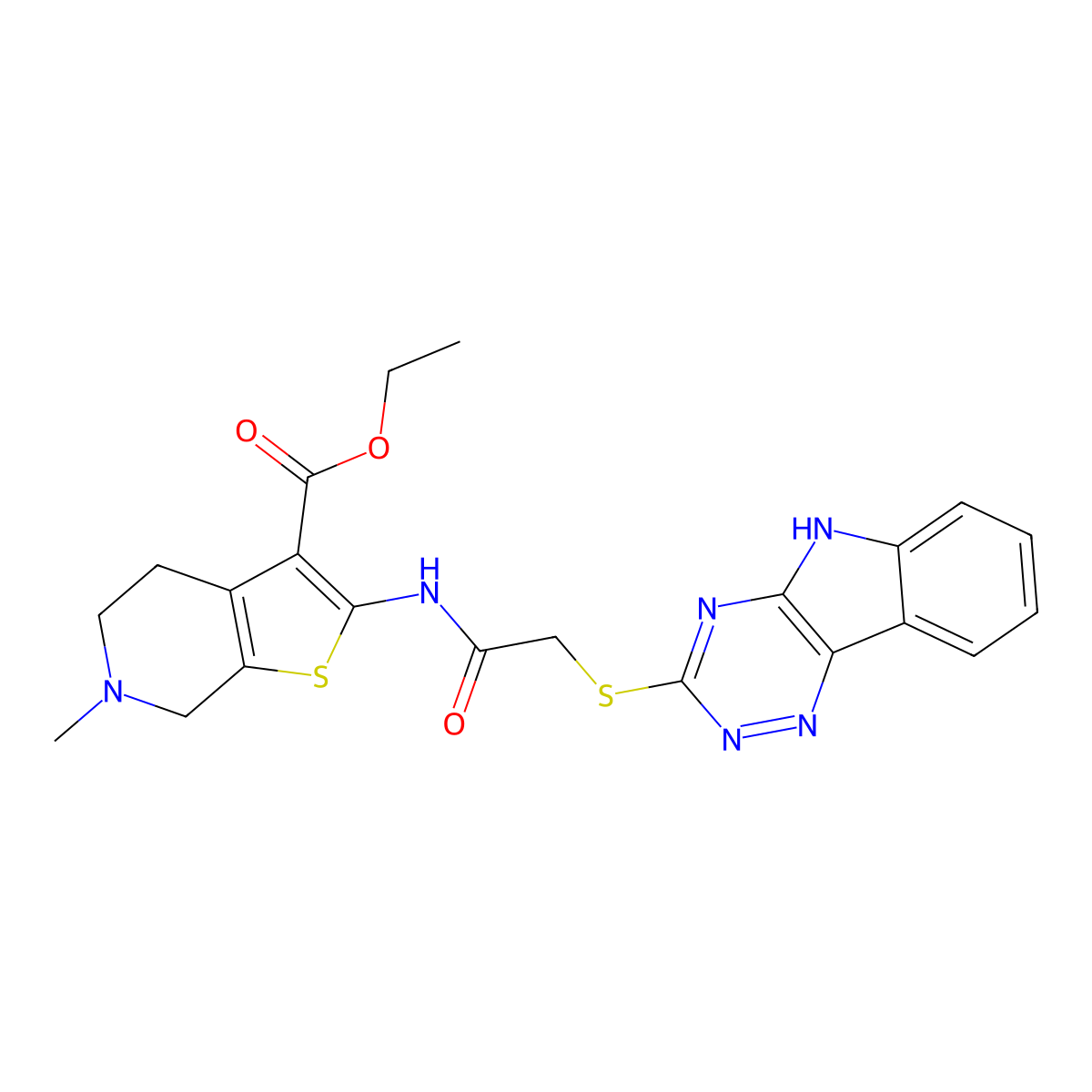 ethyl 6-methyl-2-{[(5H-[1,2,4]triazino[5,6-b]indol-3-ylthio)acetyl]amino}-4,5,6,7-tetrahydrothieno[2,3-c]pyridine-3-carboxylate molecular structure, CAS 381673-24-1