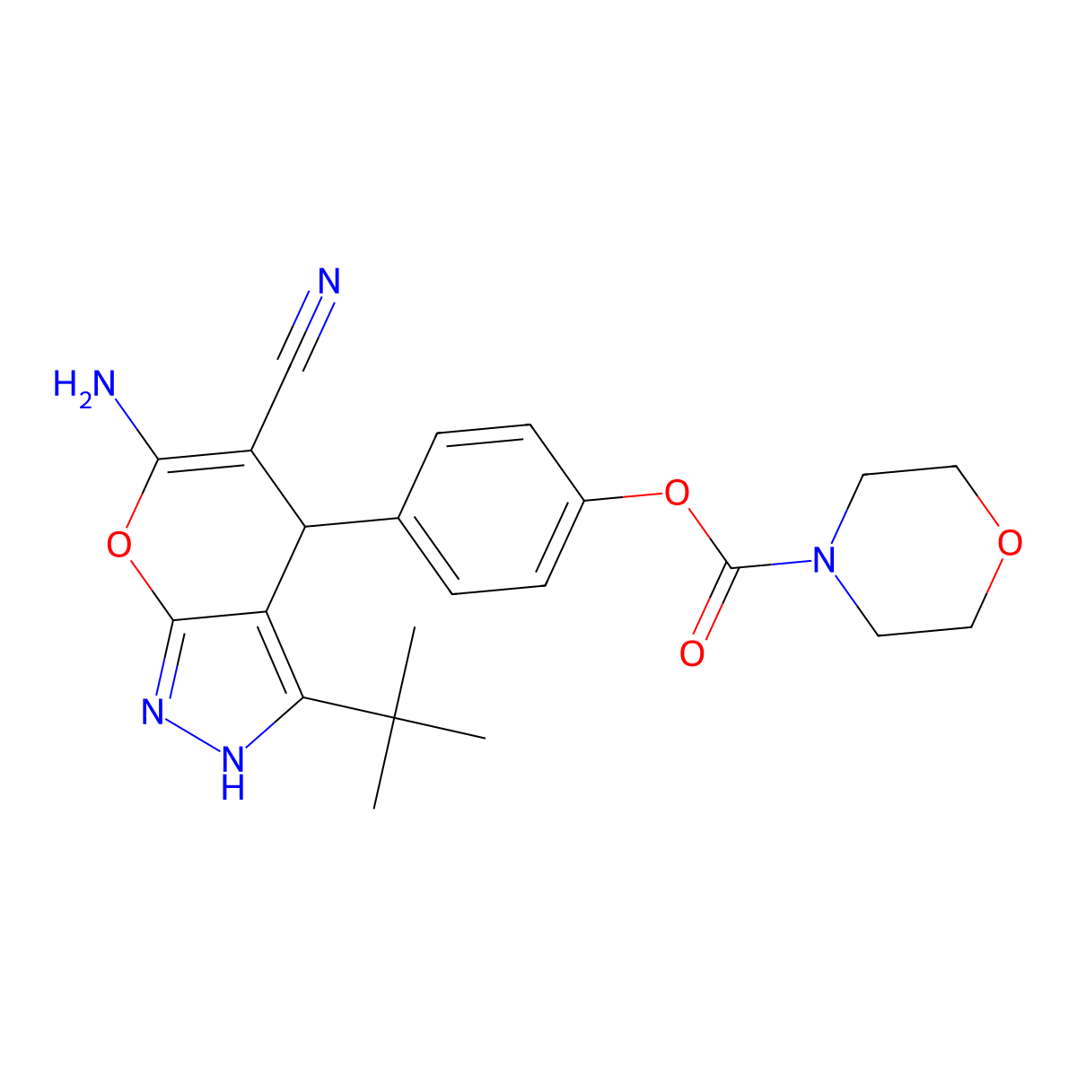 4-(6-Amino-3-tert-butyl-5-cyano-1,4-dihydropyrano[2,3-c]pyrazol-4-yl)phenyl morpholine-4-carboxylate molecular structure, CAS 381674-15-3