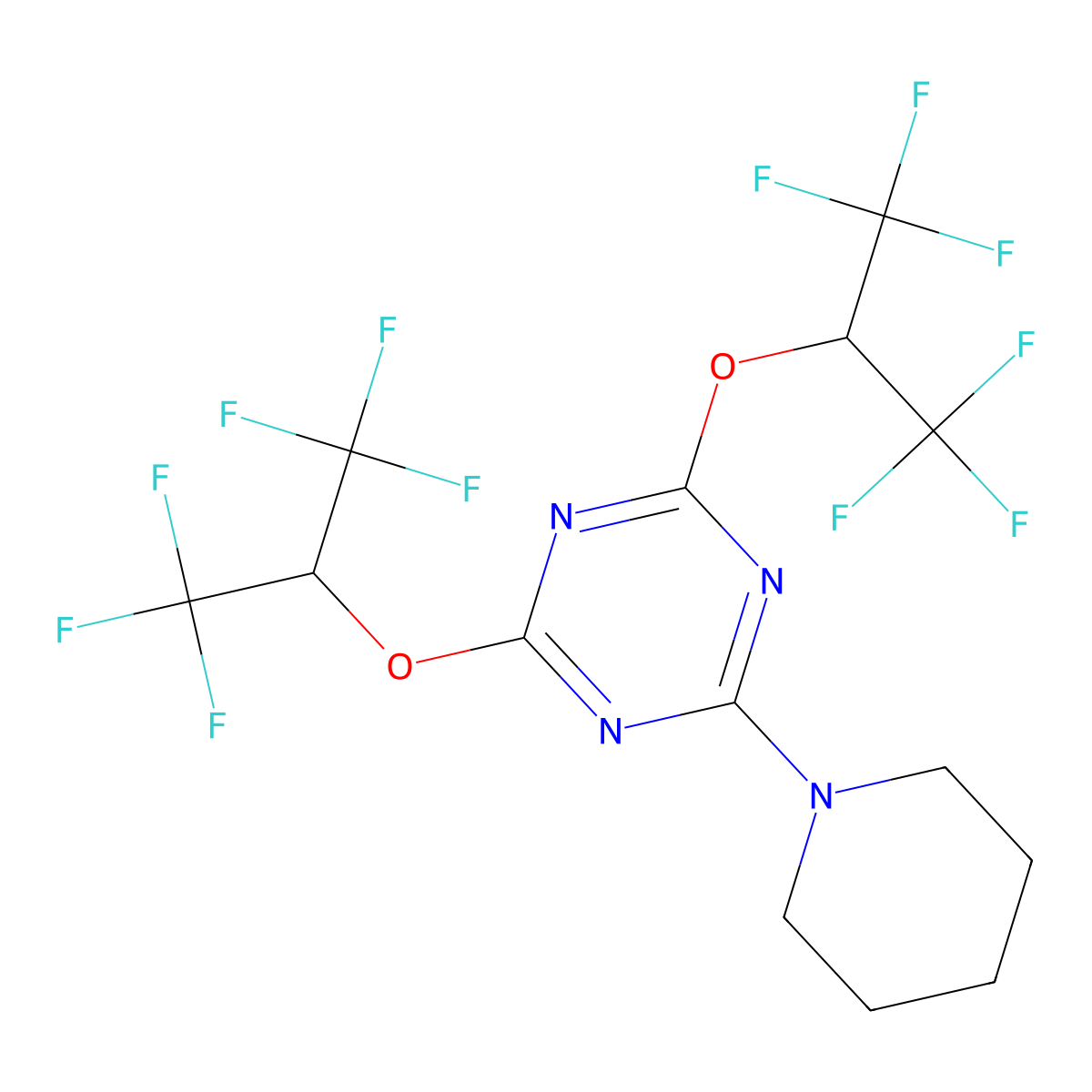 1,3,5-Triazine, 2,4-bis(2,2,2-trifluoro-1-trifluoromethylethoxy)-6-(1-piperidyl)- molecular structure, CAS 381674-19-7