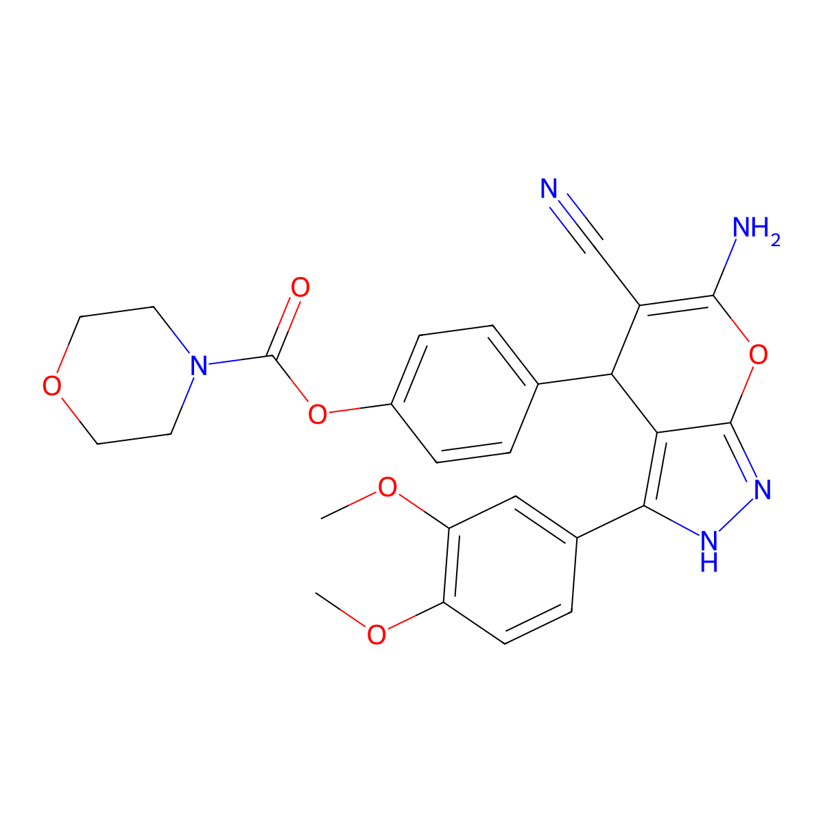 4-(6-Amino-5-cyano-3-(3,4-dimethoxyphenyl)-1,4-dihydropyrano[2,3-c]pyrazol-4-yl)phenyl morpholine-4-carboxylate molecular structure, CAS 381675-70-3