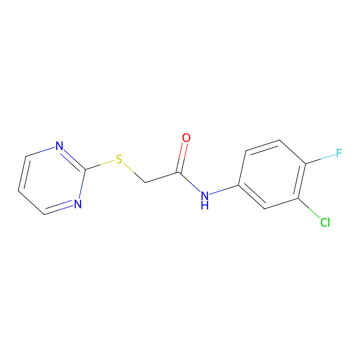 N-(3-Chloro-4-fluorophenyl)-2-(2-pyrimidinylsulfanyl)acetamide molecular structure, CAS 381676-63-7