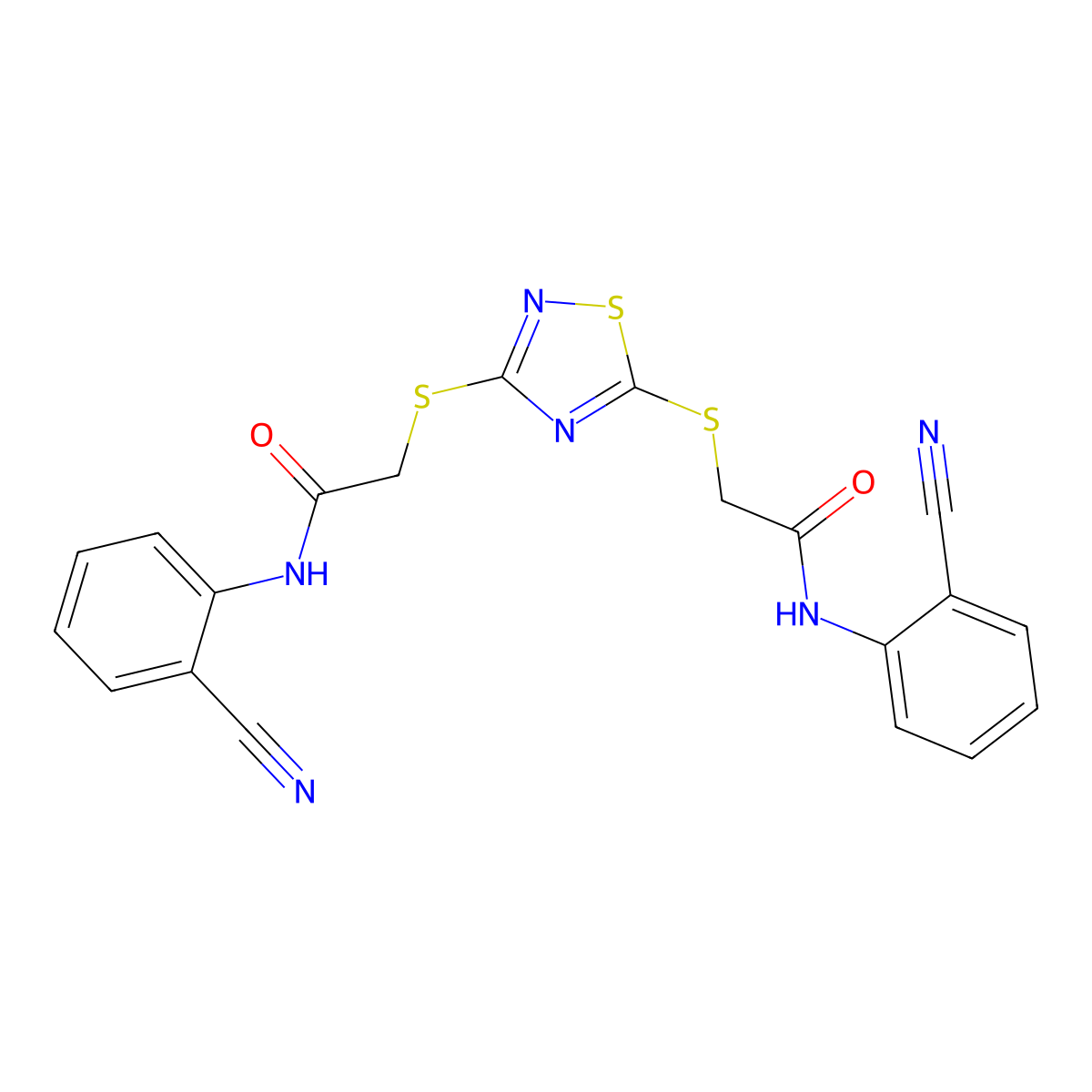 2-[(3-{[2-(2-Cyanoanilino)-2-oxoethyl]sulfanyl}-1,2,4-thiadiazol-5-YL)sulfanyl]-N-(2-cyanophenyl)acetamide molecular structure, CAS 381679-09-0