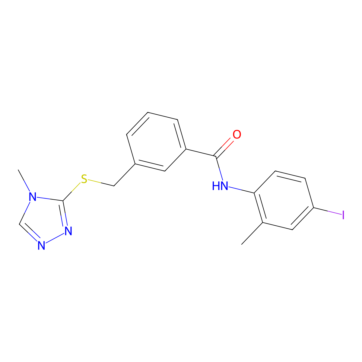 N-(4-Iodo-2-methylphenyl)-3-(((4-methyl-4H-1,2,4-triazol-3-yl)thio)methyl)benzamide molecular structure, CAS 381679-11-4