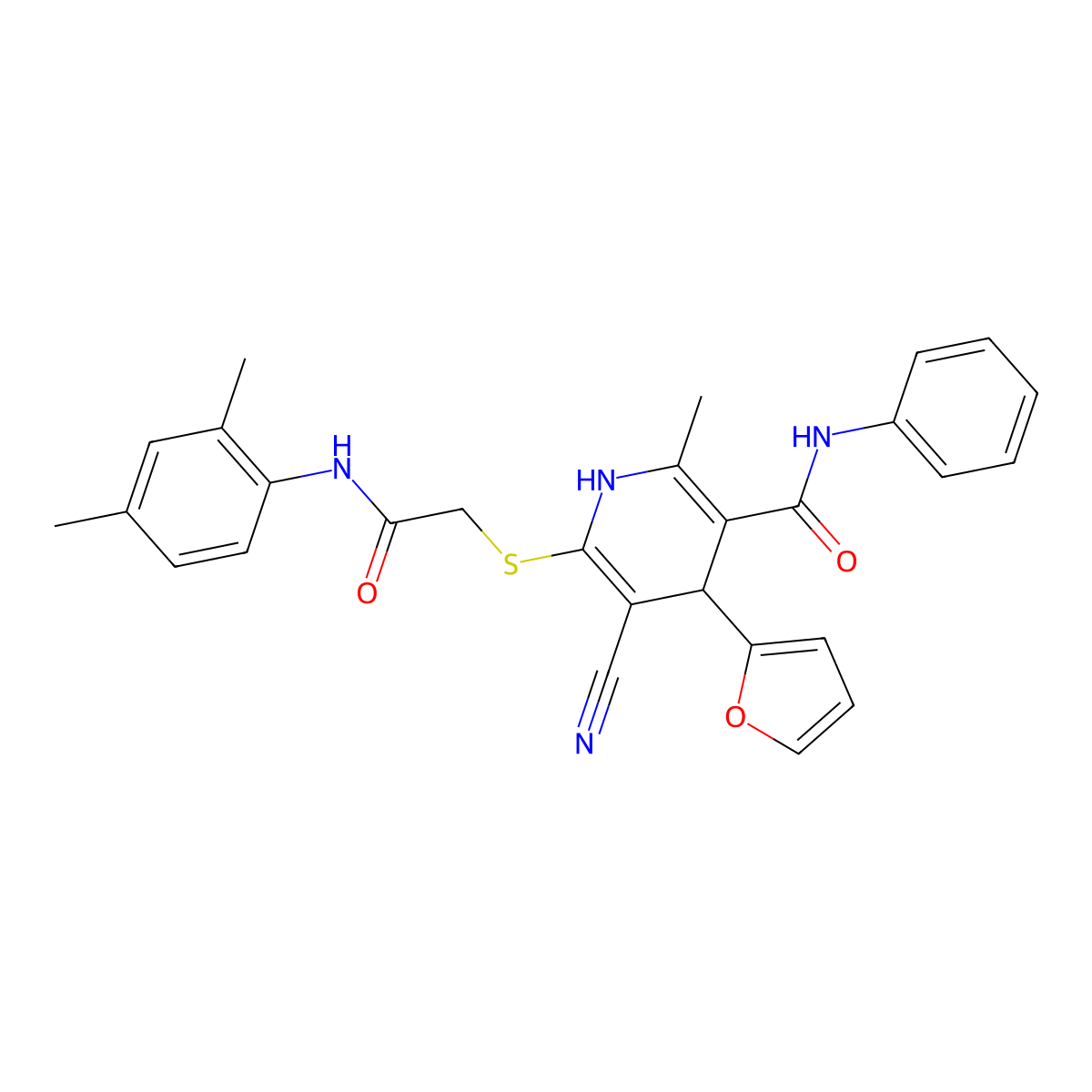 5-Cyano-6-({[(2,4-dimethylphenyl)carbamoyl]methyl}sulfanyl)-4-(furan-2-YL)-2-methyl-N-phenyl-1,4-dihydropyridine-3-carboxamide molecular structure, CAS 381679-20-5
