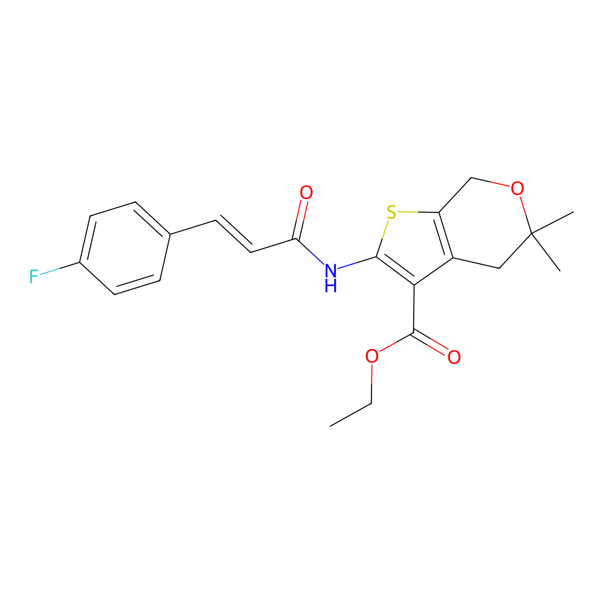 Ethyl 2-[[3-(4-fluorophenyl)-1-oxo-2-propen-1-yl]amino]-4,7-dihydro-5,5-dimethyl-5H-thieno[2,3-c]pyran-3-carboxylate molecular structure, CAS 381679-25-0
