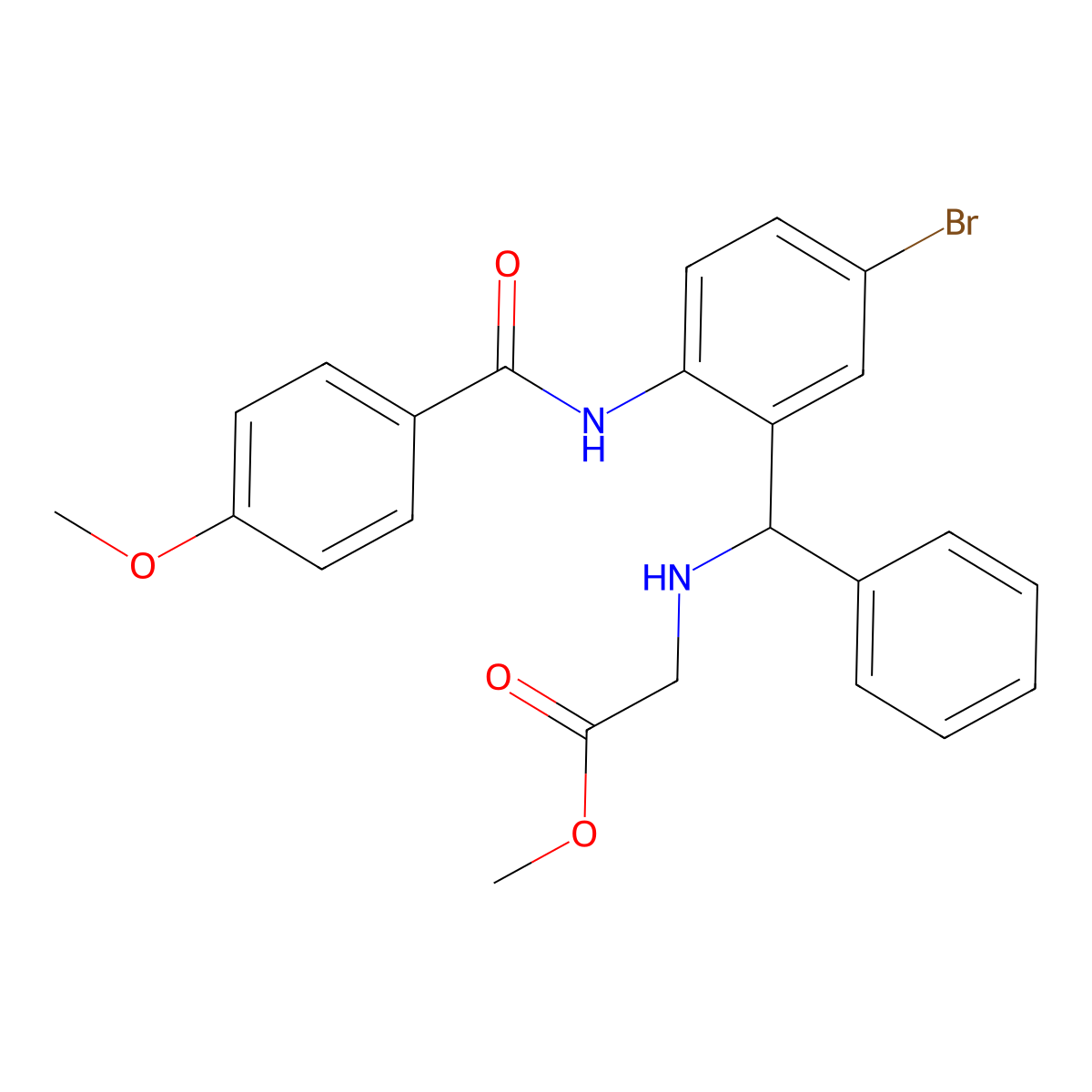 Methyl 2-(((5-bromo-2-(4-methoxybenzamido)phenyl)(phenyl)methyl)amino)acetate molecular structure, CAS 381680-03-1