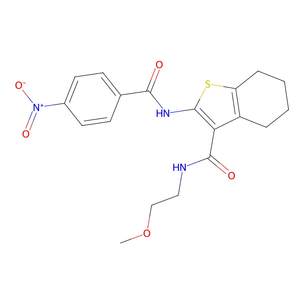 N-(2-methoxyethyl)-2-[(4-nitrobenzoyl)amino]-4,5,6,7-tetrahydro-1-benzothiophene-3-carboxamide molecular structure, CAS 381684-20-4