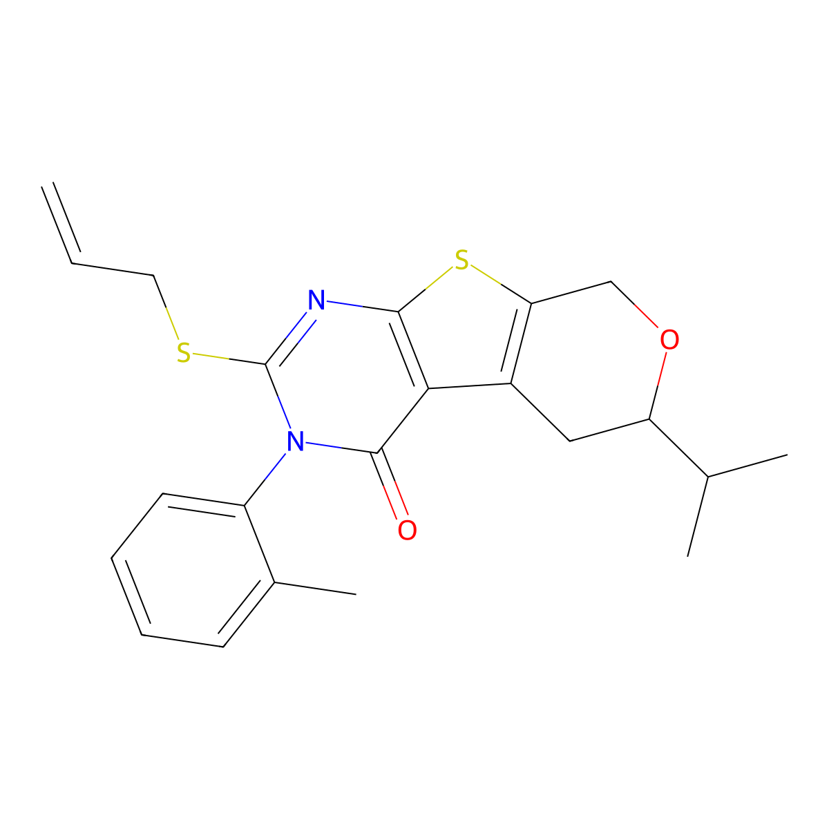 3-(2-methylphenyl)-6-propan-2-yl-2-prop-2-enylsulfanyl-6,8-dihydro-5H-pyrano[2,3]thieno[2,4-b]pyrimidin-4-one molecular structure, CAS 381684-47-5