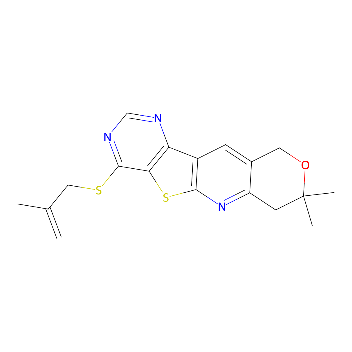 8,8-dimethyl-4-((2-methylallyl)thio)-8,10-dihydro-7H-pyrano[3'',4'':5',6']pyrido[3',2':4,5]thieno[3,2-d]pyrimidine molecular structure, CAS 381684-89-5