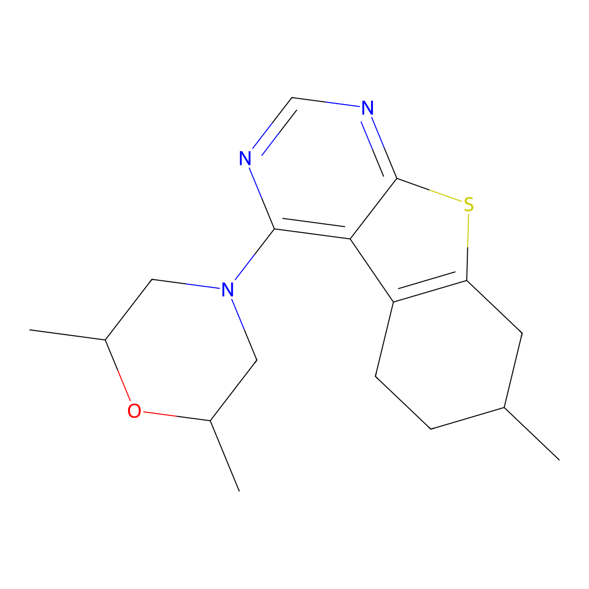2,6-Dimethyl-4-(7-methyl-5,6,7,8-tetrahydro-[1]benzothiolo[2,3-d]pyrimidin-4-yl)morpholine molecular structure, CAS 381687-51-0