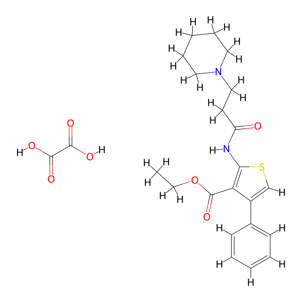 Ethyl 4-phenyl-2-(3-(piperidin-1-yl)propanamido)thiophene-3-carboxylate oxalate molecular structure, CAS 381687-79-2