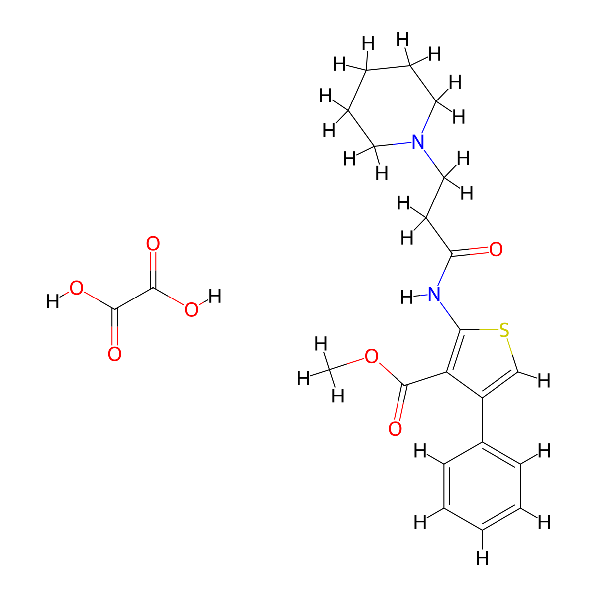 Methyl 4-phenyl-2-(3-(piperidin-1-yl)propanamido)thiophene-3-carboxylate oxalate molecular structure, CAS 381687-87-2