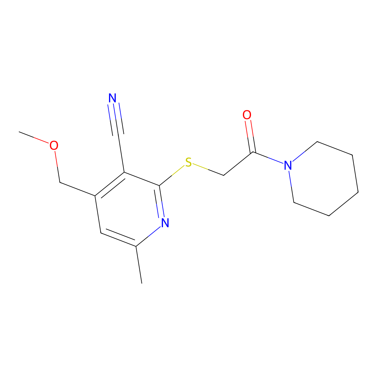 4-Methoxymethyl-6-methyl-2-(2-oxo-2-piperidin-1-yl-ethylsulfanyl)-nicotinonitrile molecular structure, CAS 381691-51-6