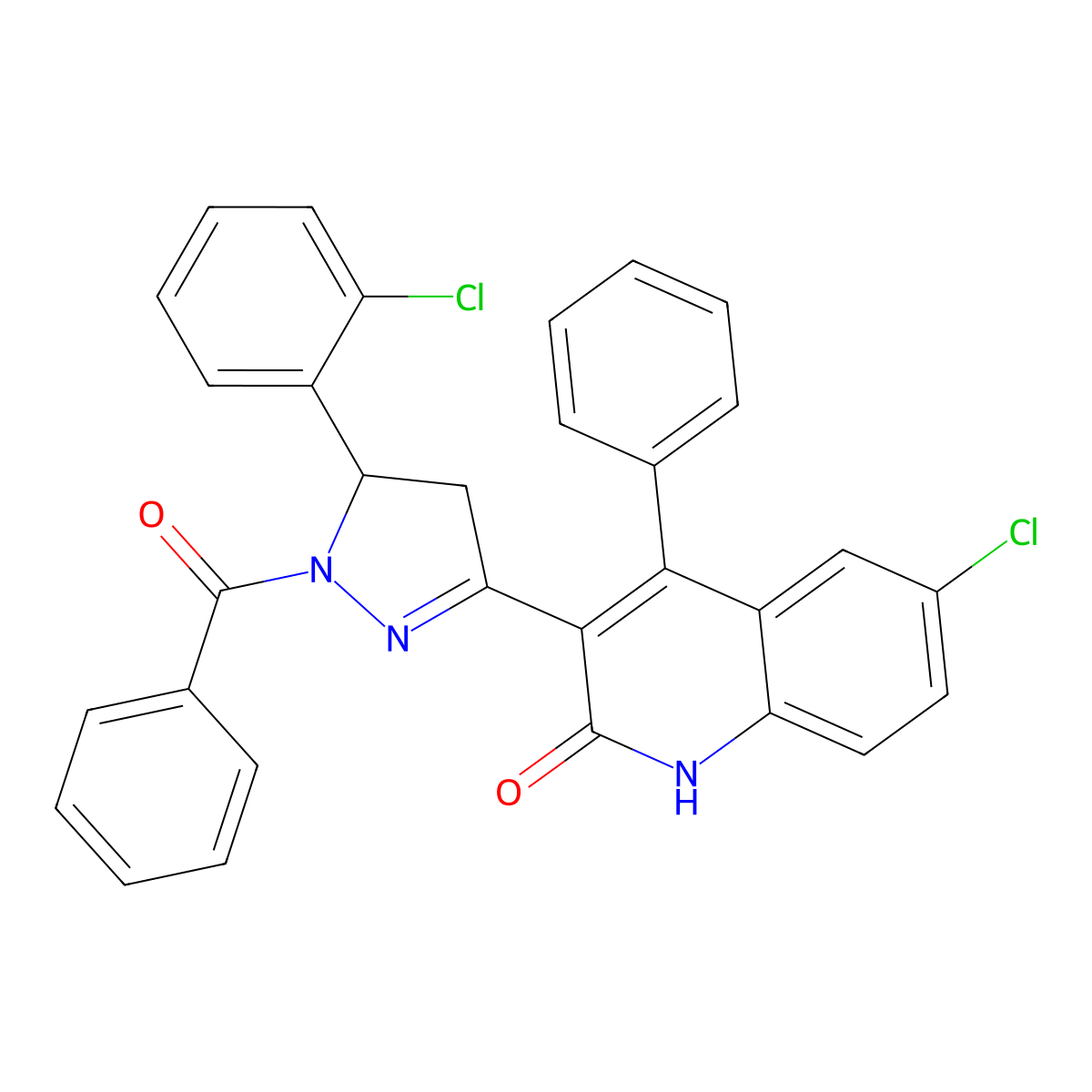 3-(1-benzoyl-5-(2-chlorophenyl)-4,5-dihydro-1H-pyrazol-3-yl)-6-chloro-4-phenylquinolin-2(1H)-one molecular structure, CAS 381693-10-3